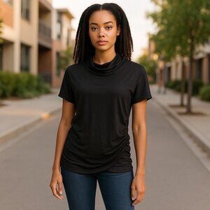 Vince Camuto Claire Short Sleeve High Neckline Ruching Sides Black Top